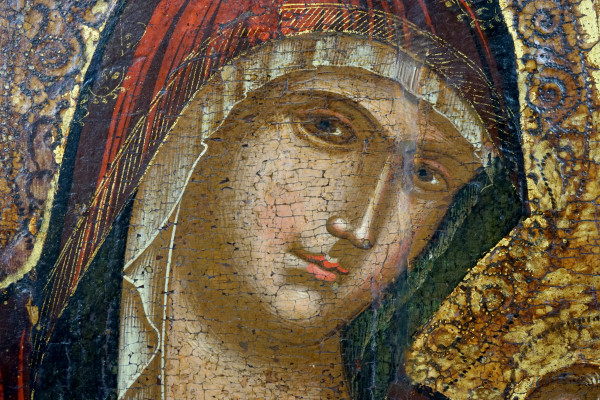 Scuola veneto-cretese del XVII secolo, Madonna del latte, olio su tavola, cm 38,7x32,8, (difetti)