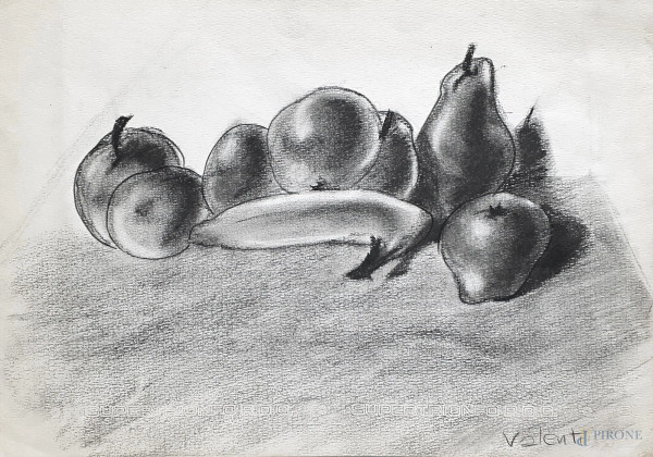 Composizione con frutta, disegno a matite grasse su carta, cm 34x24, firmato, anni 50