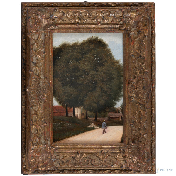 Passeggiando sul sentiero, XIX secolo, olio su cartone pressato, cm 30,5x20,5, entro cornice, (supporto lievemente imbarcato)