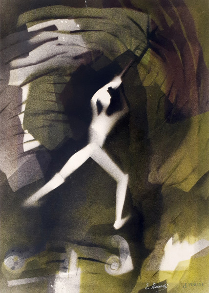 Artista futurista del XX secolo, Composizione futurista con figura, olio su carta, cm 49x34, firmato in basso a destra