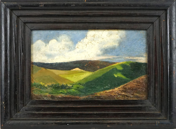 Paesaggio collinare, olio su cartone, cm 14,5x22,5, firmato, entro cornice.