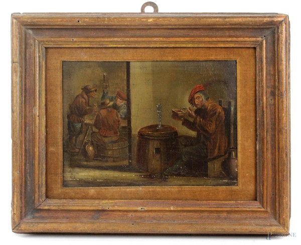 Pittore fiammingo del XIX secolo, Interno di osteria con figure, olio su tavola, cm. 17x24, entro cornice