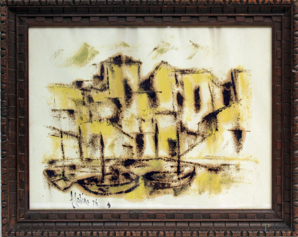 Scorcio di porto con barche, dipinto a tecnica mista su carta cm 43x60, firmato e datato entro cornice.