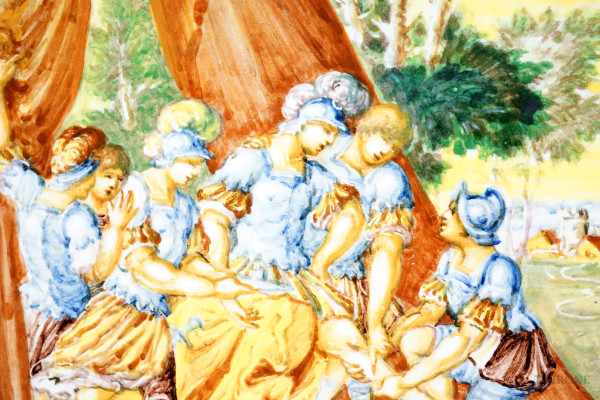 Piatto in maiolica dipinta, Pesaro, XX secolo, raffigurante "Da Clorinda ferito il buon Goffredi ...