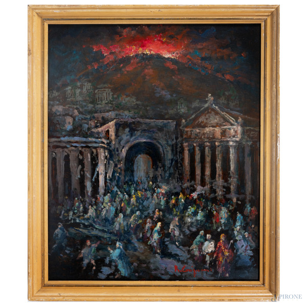 Roberto Carignani (1894-1975), Eruzione del Vesuvio, olio su tavola, cm 60x50, firmato in basso, entro cornice
