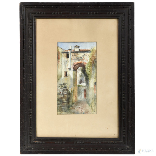 Vicolo con arco, XIX-XX secolo, acquerello su carta, cm 25,5x14, entro cornice, (ondulazioni della carta, lieve foxing)