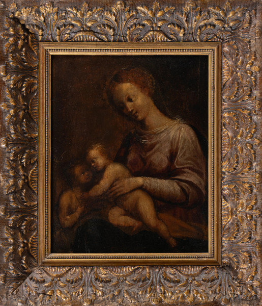 Madonna con Bambino e San Giovannino, XIX secolo, olio su tavola, cm 9,5x23,5, entro cornice, (segni di usura, difetti)