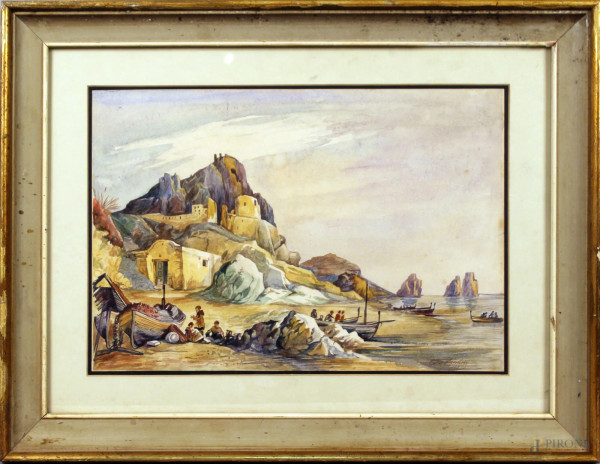 Scorcio di costa con figure e imbarcazioni, acquarello su carta cm. 29x42, firmato entro cornice.