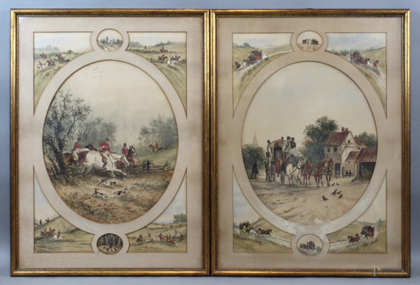 Coppia di dipinti inglesi raffiguranti &quot;La caccia alla volpe&quot; ed &quot;Il Viaggio&quot;, acquarelli su carta, cm. 66x48, fine XIX secolo, entro cornici.