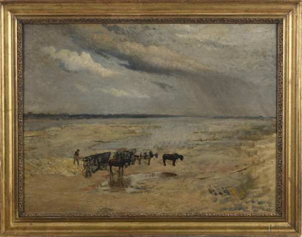 Lavoro nei campi, XX secolo, olio su tela, cm 54x73, entro cornice, (abrasioni, lievi segni di usura, restauri)