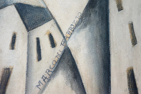 Fabrizio Marconi "Marfa", Paese di Ogisvaldo futurista, olio su carta telata, cm 34x24, firmato i...