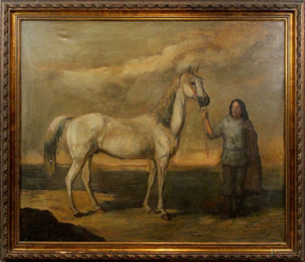 Uomo con cavallo, olio su tela, cm 100x120, entro cornice