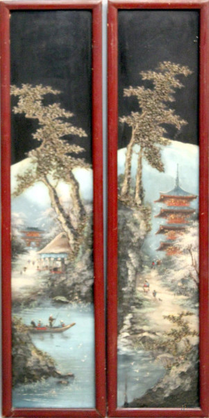 Coppia pannelli, dipinti a scena di paesaggi con figure, cm. 87x17, entro cornice.