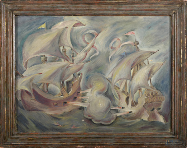 Battaglia navale, olio su tela, XX secolo, cm 46x61, entro cornice (difetti)