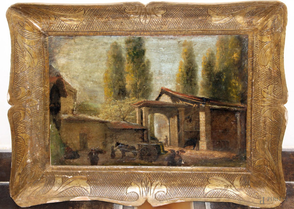 Esterno con carro e figure, olio su tela, riportato su tavola, cm 34x47.