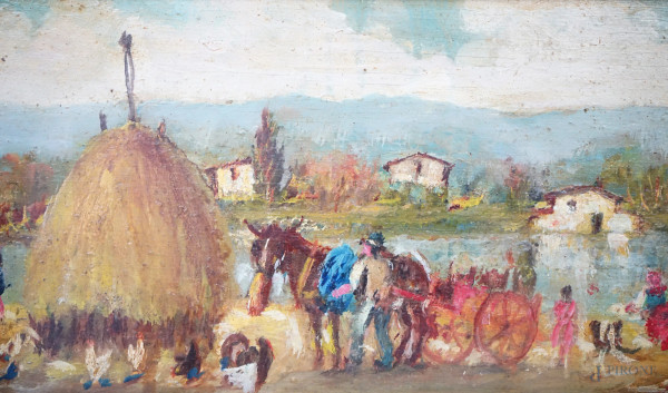 Paesaggio campestre con carretto e figure, olio su tavoletta, cm 11.5x22.5, firmato Novelli, entr...