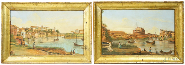 Coppia di vedute di Roma, tempera su carta, cm 22,5x34,5, metà del XIX secolo, entro cornici