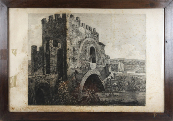 Luigi Rossini - Veduta del Ponte Nomentano, acquaforte, cm 49x74, entro cornice