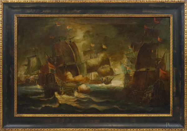 Battaglia navale, olio su tela, cm 70x110, inizi XX secolo, entro cornice, (lievi difetti).