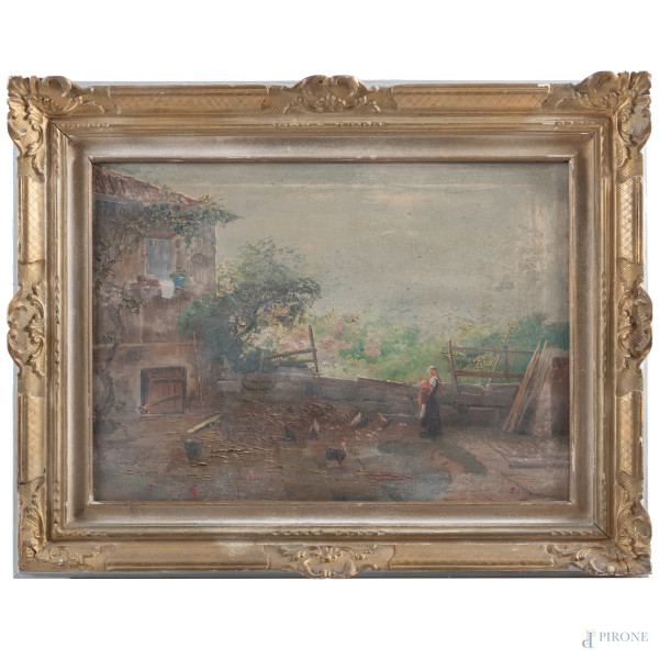 Nella fattoria, XX secolo, olio su tela, cm 50x70, firmato in basso a destra, entro cornice, (segni di usura, tracce di umidità, craquelure, cadute di colore, abrasioni, difetti)
