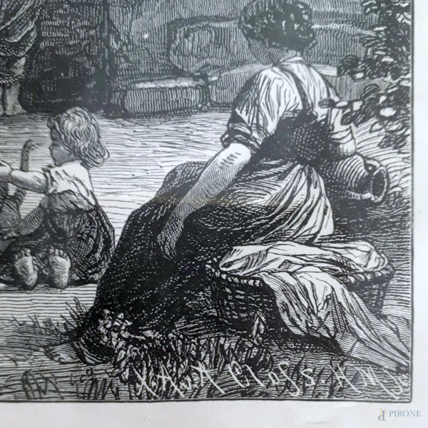 Antica incisione ottocentesca raffigurante scena rurale con veduta di Orvieto, cm 45x35, con corn...