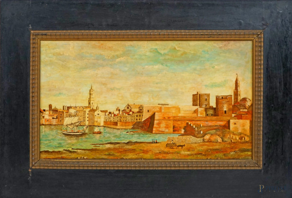 Bari vecchia vista da tramontana, olio su tavola, cm 46x78, copia da Ambrogio Correnti (XIX secolo), entro cornice