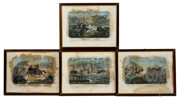 Le Guerre di Indipendenza Italiane 1866, quattro stampe a colori, cm 43x57,5, entro cornici, (difetti sulla carta)