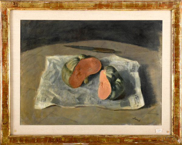 Giuseppe Migneco (Messina, 9 febbraio 1903 – Milano, 28 febbraio 1997), La zucca, olio su tela, cm 60x80, firmato in basso a destra, entro cornice