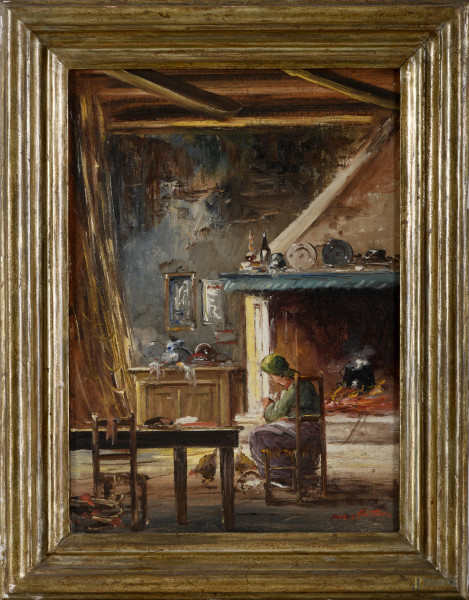 Mario Fattori, Davanti al camino, olio su cartone telato, firmato in basso a destra, cm 36x25 entro cornice