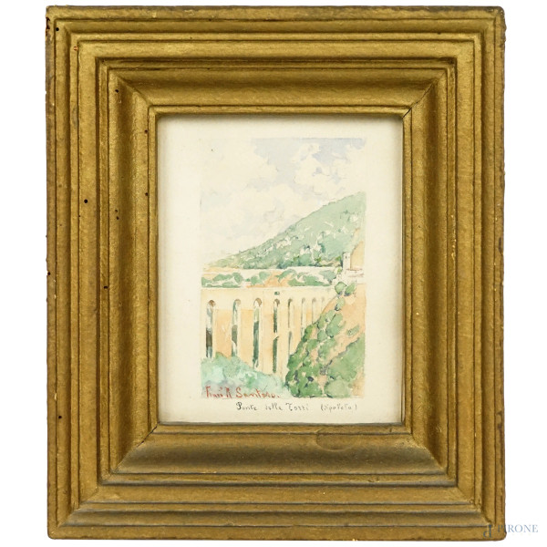 Ponte delle Torri, acquarello su carta, cm 18x14, firmato Francesco Raffaello Santoro, entro cornice.