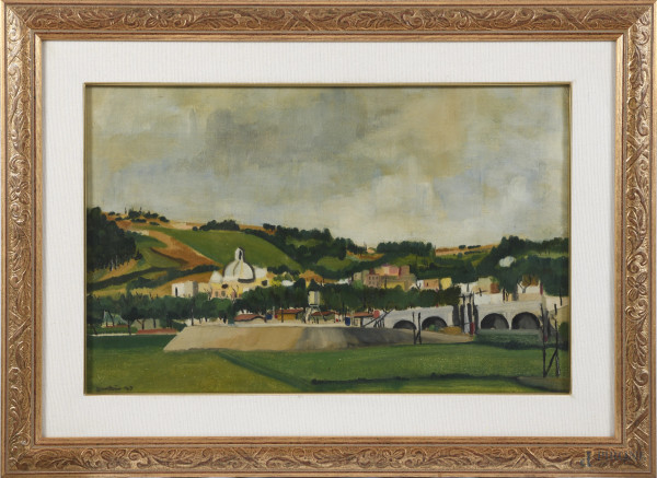 Paesaggio, XX secolo, olio su cartone telato, cm 37x57, firmato e datato 