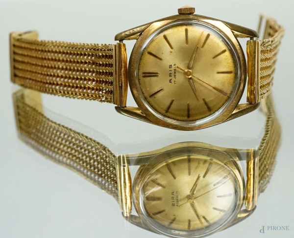 Aris 17 Jewels, orologio da polso con cassa placcata in oro e cinturino in oro 18 kt, lunghezza cm 19, (difetti, meccanismo da revisionare)