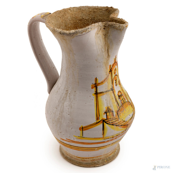 Versatoio in terracotta smaltata e dipinta a fondo bianco raffigurante chiesa, XX secolo, iscritt...