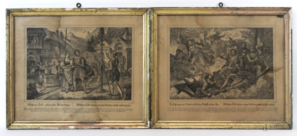 Due stampe raffiguranti il glorioso rifiuto e  la fuga dalla nave di Guglielmo Tell, cm 32x38, XIX secolo, entro cornici, (macchie).