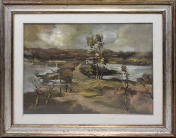 Aldo Signorini - Paesaggio lacustre,olio su tela, cm 78x60, entro cornice.
