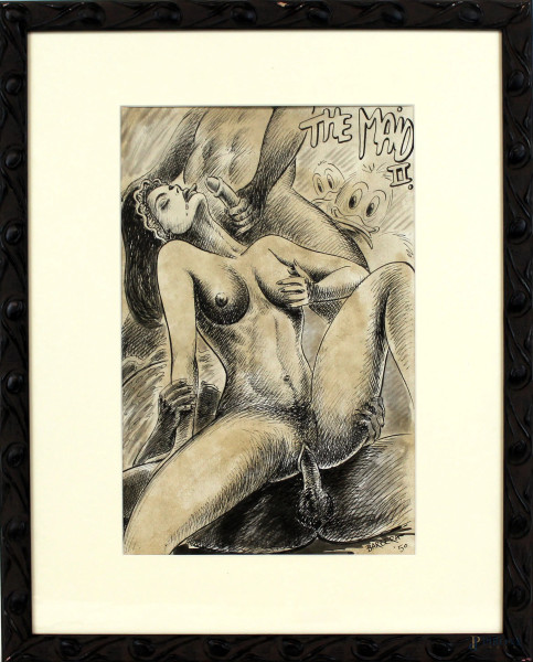 Scena erotica, tecnica mista su carta, cm 33x20,5,firmato, entro cornice.