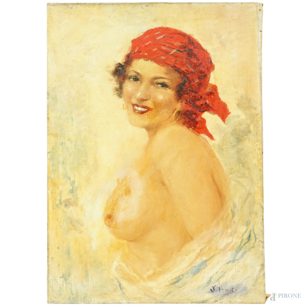 Gitana, olio su tela (senza telaio), XX secolo, firmato in basso a destra, cm 69,5x49