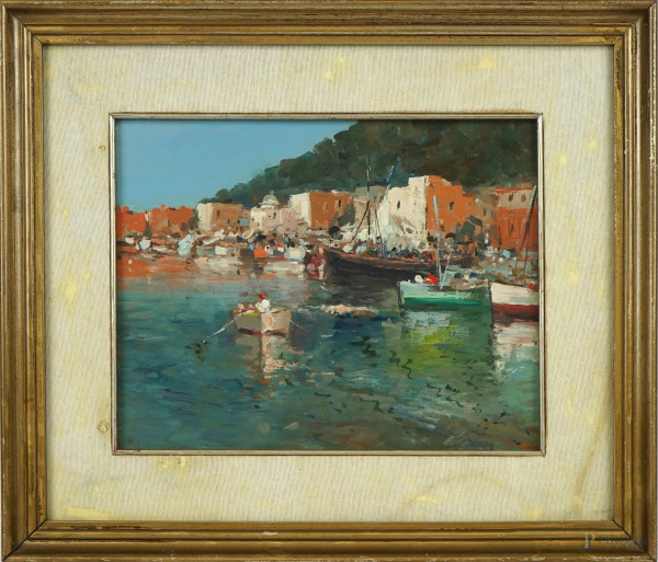 Costa con imbarcazioni, olio su tavola, cm 22x28, XX secolo, entro cornice