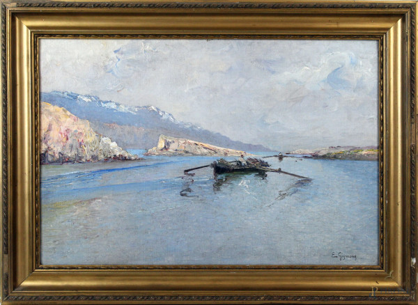 Lago con imbarcazioni, olio su cartone telato, firmato E.Gignous, cm 39x58, entro cornice.
