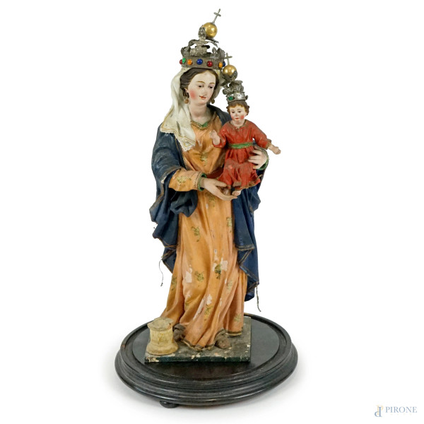 Madonna col Bambino, scultura in terracotta e cartapesta, entro campana in vetro, cm h 60, Italia meridionale, XIX secolo, (difetti)