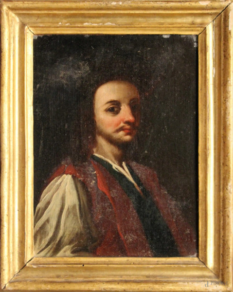 Pittore del XVII sec., Ritratto d&#39;uomo, olio su tela, cm 25x19, entro cornice.