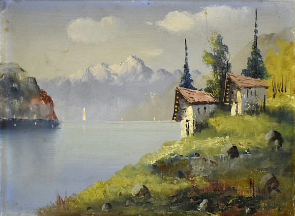 Artista del Novecento, Paesaggio lacustre con alberi e case, fine anni 50, olio su tela, cm 30x40, firmato