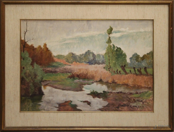 Paesaggio, olio su tavola, 56x42 cm, entro cornice firmato P.Carena