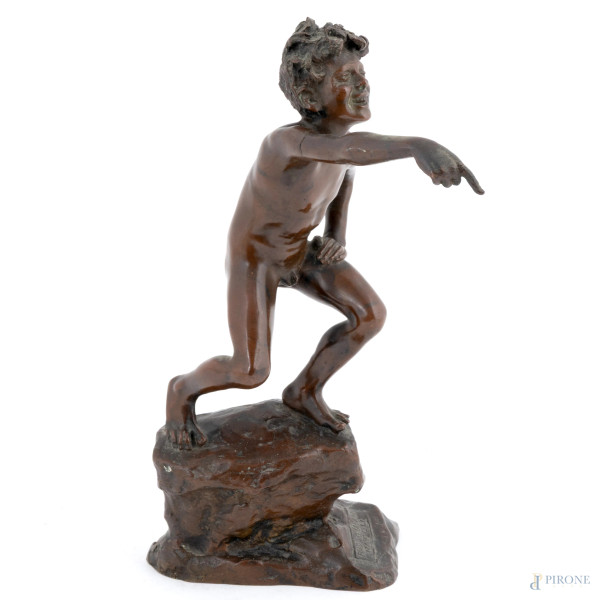 Da Giuseppe Renda (1859-1939), Scugnizzo, scultura in bronzo, altezza cm 23,5, timbro alla base della Fonderia Laganà Napoli