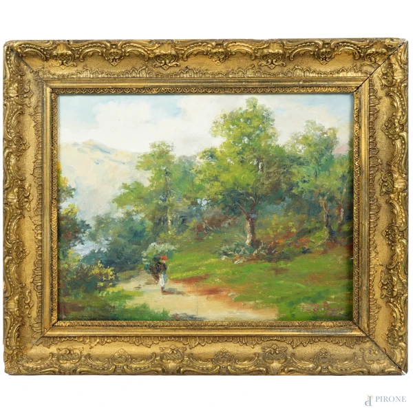 Bosco con sentiero e figura, olio su tela, firmato in basso a destra, cm 32,2x42,5, entro cornice (difetti)