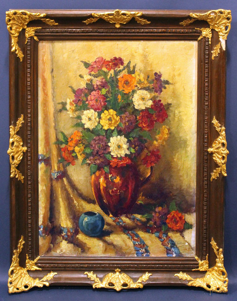 Hans Lenteman, Vaso con fiori, olio su tela 80x60 cm, entro cornice.