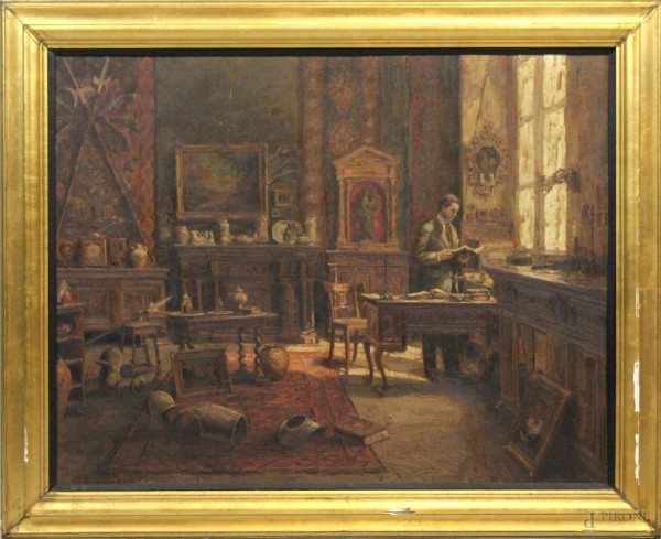 Giuseppe Gheduzzi - L'antiquario, olio su tavola, cm 51x65, entro cornice.