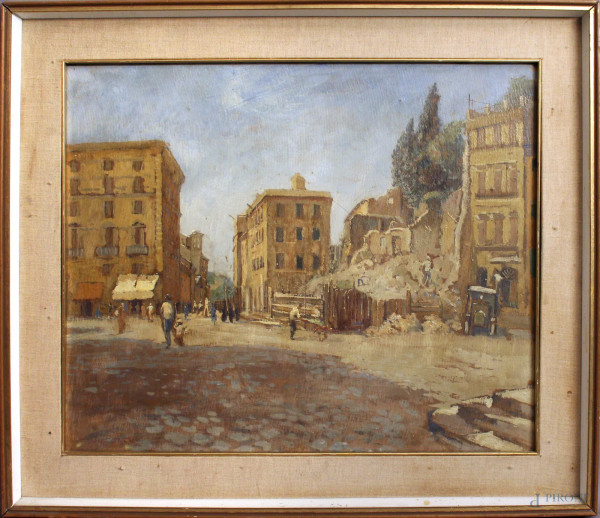 Luigi Zago - Piazza della consolazione, olio su cartone, cm 51 x 60, entro cornice.