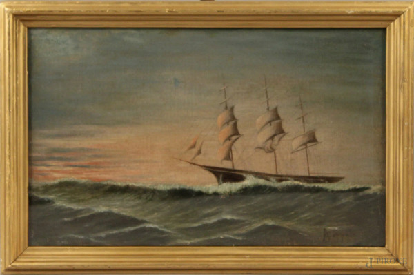 Marina con veliero, olio su cartone telato, 27,5x43 cm, firmato A.Coppola, entro cornice.