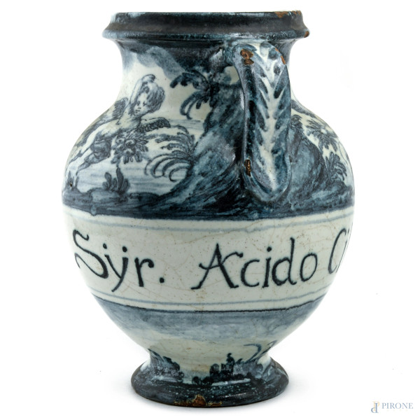 Versatoio da farmacia "Syr Acido Citri" decorato nei toni del blu, XX secolo, altezza cm 25, (dif...